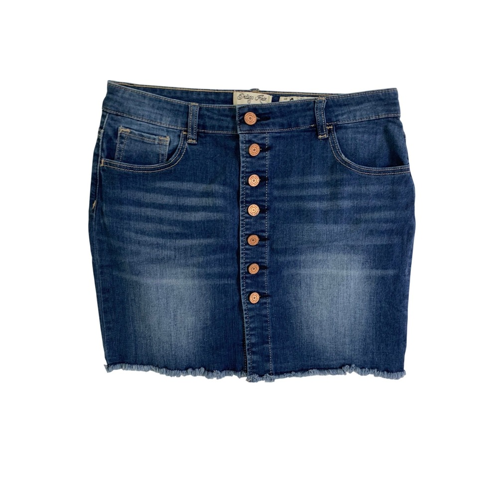 Indigo Rein Womens Size 9 Blue Denim Button Front Raw Hem Mini Skirt Medium Wash
